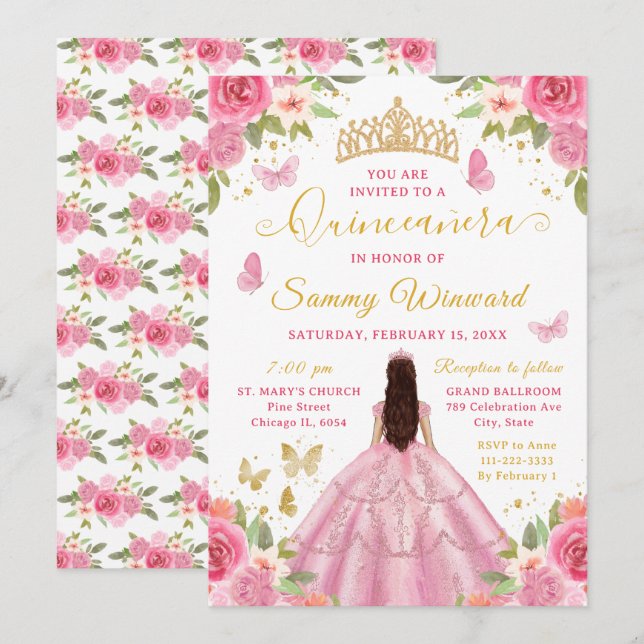 Quinceañera Blush Pink Princess Brunette Girl Invitation (Front/Back)