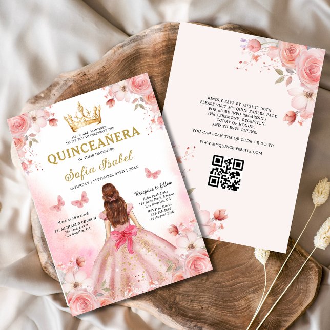 Quinceañera Blush Pink QR Code Floral Invitation (Creator Uploaded)