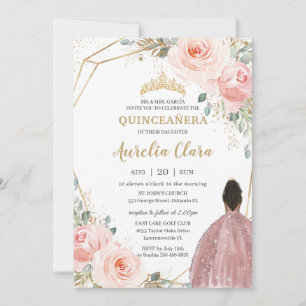 Quinceañera Blush Pink Rose Floral Brown Princess Invitation