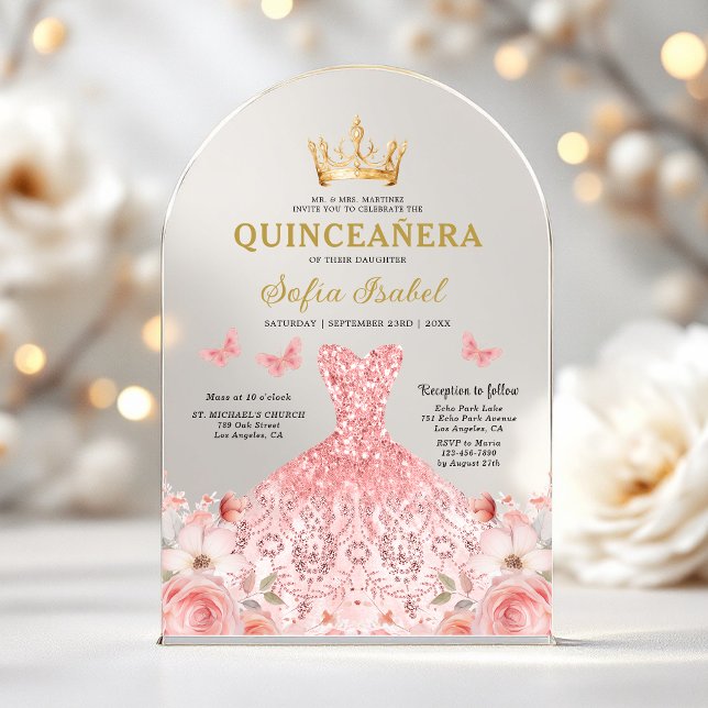 Quinceañera Blush Pink Rose Floral Butterfly Acrylic Invitations (Creator Uploaded)