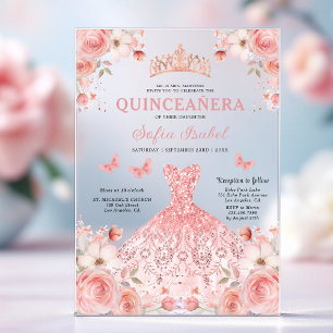 Quinceañera Blush Pink Rose Floral Butterfly Acrylic Invitations
