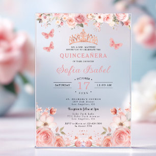 Quinceañera Blush Pink Rose Floral Butterfly Acrylic Invitations