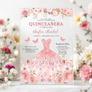 Quinceañera Blush Pink Rose Floral Butterfly Acrylic Invitations