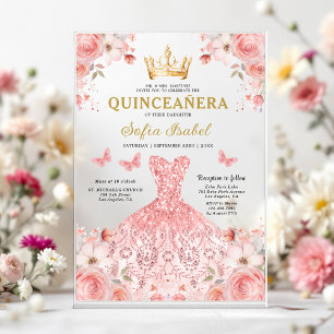 Quinceañera Blush Pink Rose Floral Butterfly Acrylic Invitations