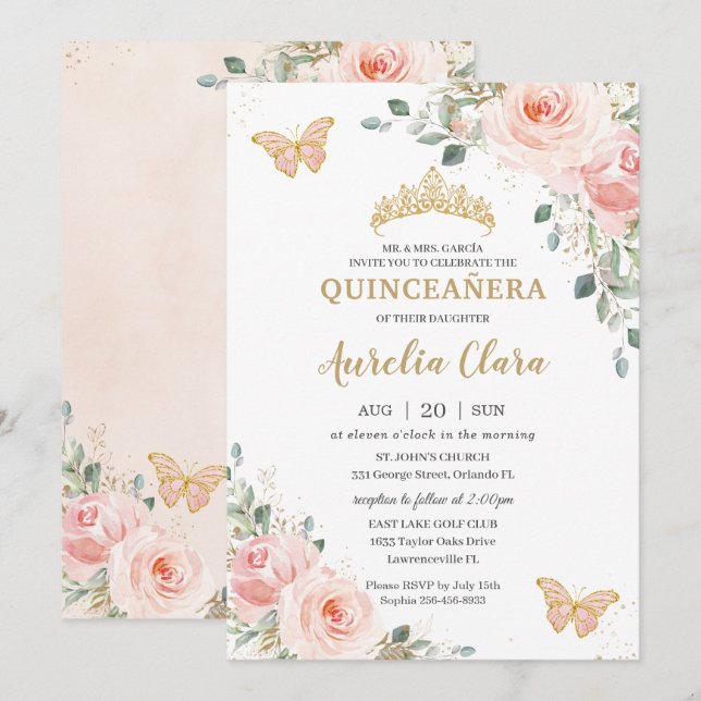 Quinceañera Blush Pink Rose Floral Butterfly Crown Invitation (Front/Back)