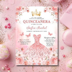 Quinceañera Blush Pink Rose Floral Butterfly Invitation