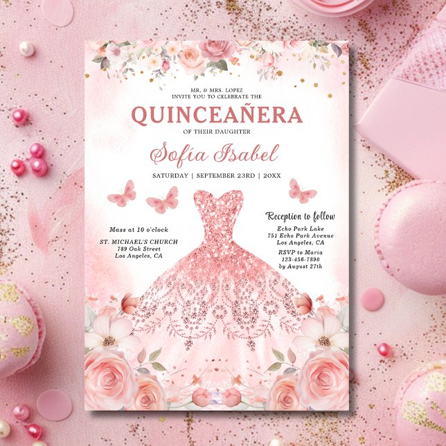 Quinceañera Blush Pink Rose Floral Butterfly Invitation (Creator Uploaded)