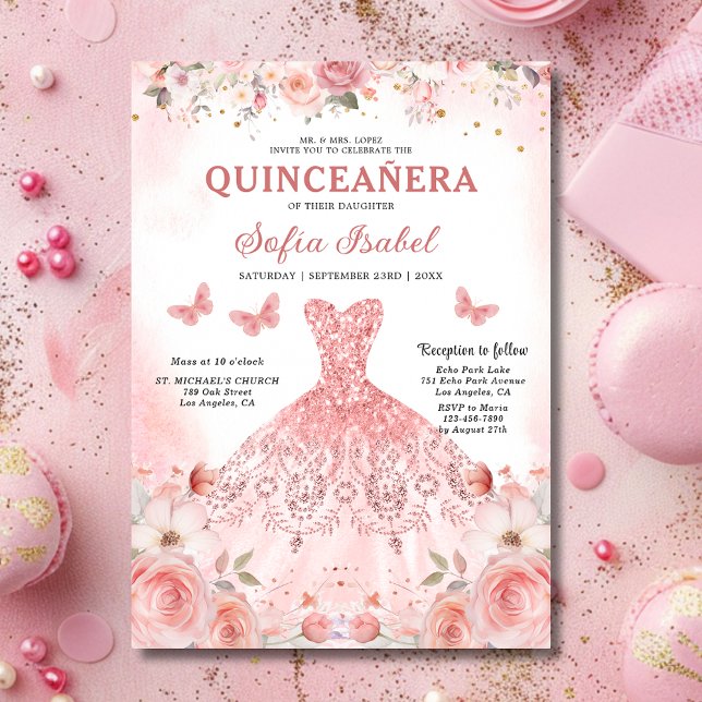 Quinceañera Blush Pink Rose Floral Butterfly Invitation (Creator Uploaded)
