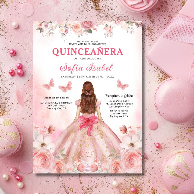 Quinceañera Blush Pink Rose Floral Butterfly Invitation (Creator Uploaded)