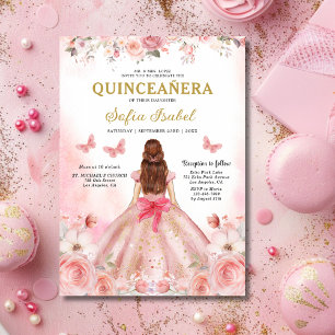 Quinceañera Blush Pink Rose Floral Butterfly Invitation