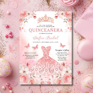 Quinceañera Blush Pink Rose Floral Butterfly Invitation