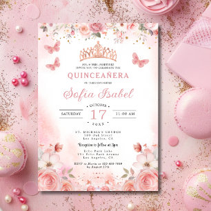 Quinceañera Blush Pink Rose Floral Butterfly Invitation