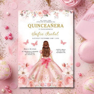 Quinceañera Blush Pink Rose Floral Butterfly Invitation