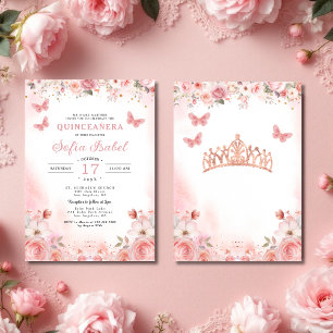 Quinceañera Blush Pink Rose Floral Butterfly Invitation