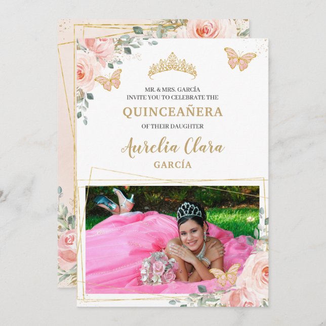 Quinceañera Blush Pink Rose Floral Butterfly Photo Invitation (Front/Back)
