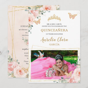 Quinceañera Blush Pink Rose Floral Butterfly Photo Invitation