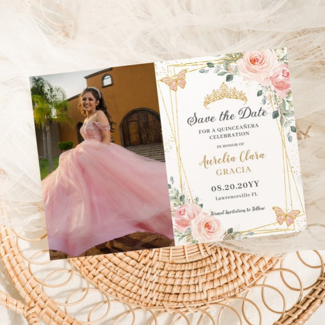 Quinceañera Blush Pink Rose Floral Butterfly Photo Save The Date (Creator Uploaded)