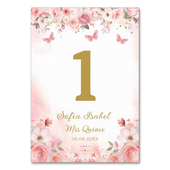 Quinceañera Blush Pink Rose Floral Butterfly Table Number (Front)