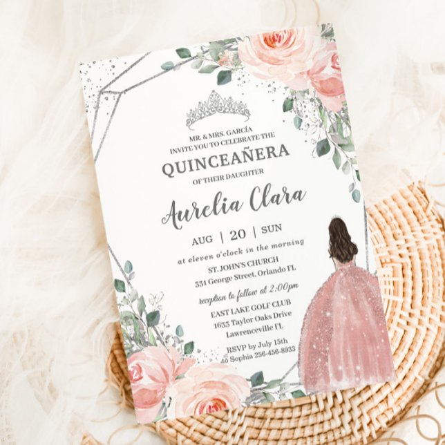 Quinceañera Blush Pink Rose Floral Mis Quince Anos Invitation (blush-floral-flowers-silver-princess-dress-quinceanera-15th-sweet-16-birthday-party-Invitation)