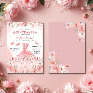 Quinceañera Blush Pink Rose Floral Thank You Card
