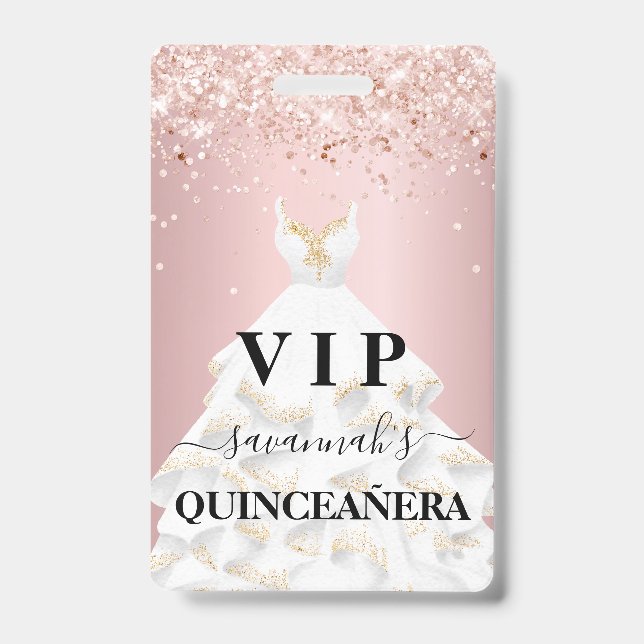 Quinceanera blush pink rose glitter dust name vip ID badge (Front)