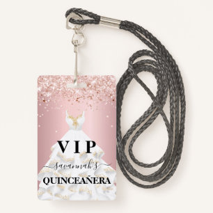 Quinceanera blush pink rose glitter dust name vip ID badge