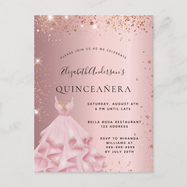 Quinceanera blush pink rose gold dress invitation postcard (Front)
