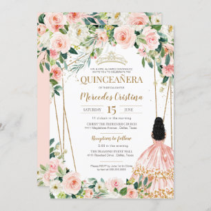 Quinceanera Blush Pink Rose Gold, Girl in Gown  Invitation