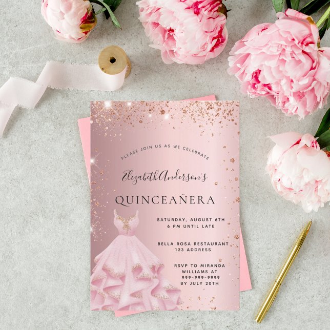 Quinceanera blush pink rose gold glitter dress invitation (Creator Uploaded)