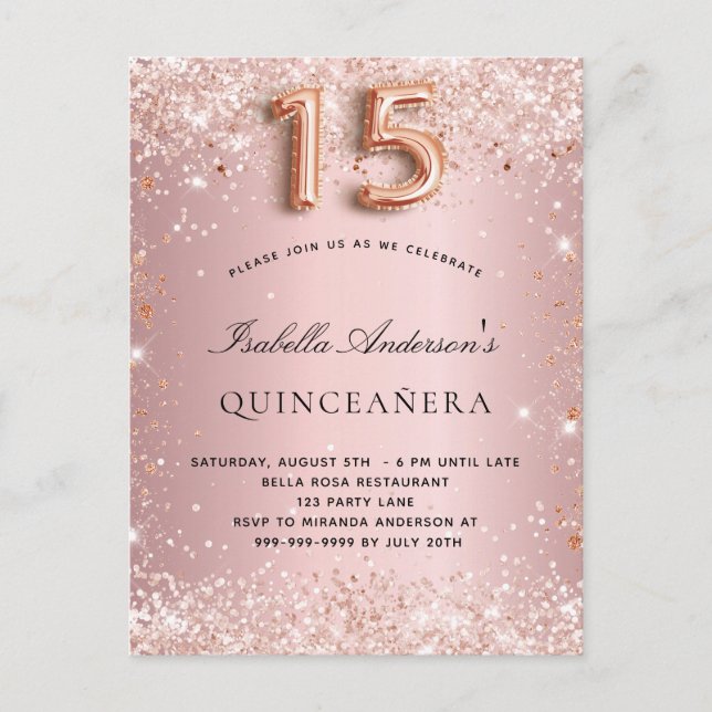 Quinceanera blush pink rose gold glitter dust invitation postcard (Front)