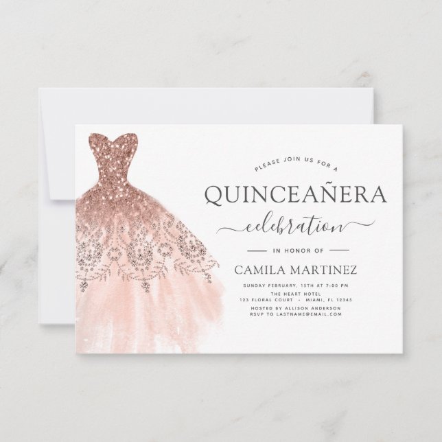 Quinceanera Blush Pink - Rose Gold Glitter Sparkle Invitation (Front)