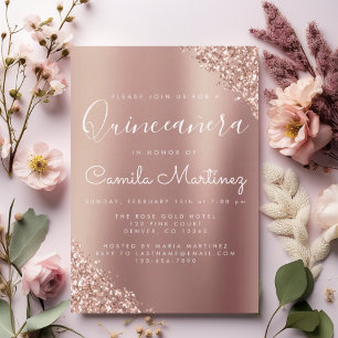 Quinceanera Blush Pink - Rose Gold Glitter Sparkle Invitation