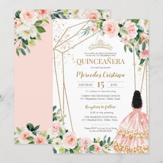 Quinceanera Blush Pink Roses and Gold, Girl Gown I Invitation