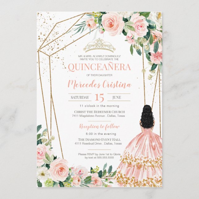 Quinceanera Blush Pink Roses and Gold, Girl Gown Invitation (Front)