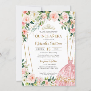 Quinceanera Blush Pink Roses and Gold Pearl Tiara  Invitation