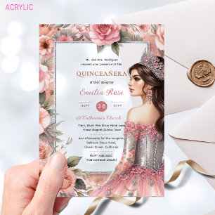 Quinceañera Blush Pink Silver Roses Dress Quince Acrylic Invitations