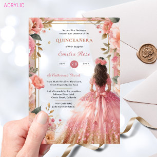 Quinceañera Blush Pink Silver Roses Dress Quince Acrylic Invitations