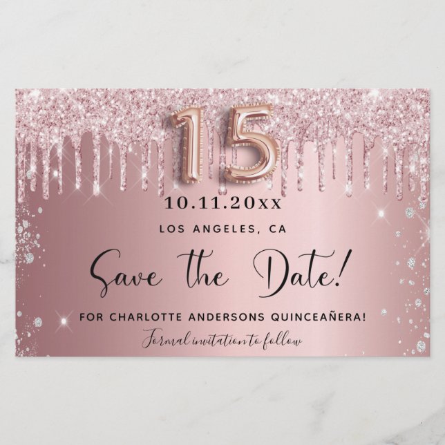 Quinceanera blush pink silver save the date card (Front)