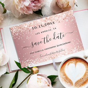 Quinceañera blush pink sparkles save the date announcement postcard