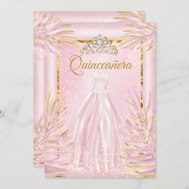 Quinceanera Blush Pink Tiara Dress Birthday Party Invitation (Front/Back)