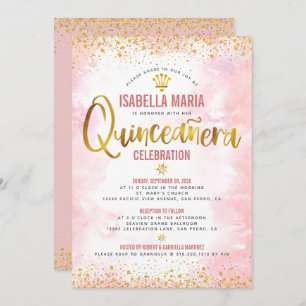 Quinceañera Blush Pink Watercolor Gold Foil Girly  Invitation