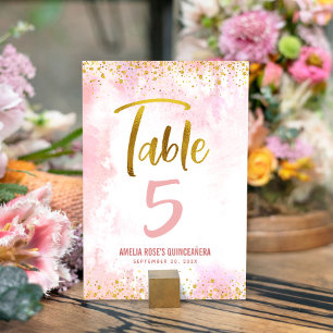 Quinceañera Blush Pink Watercolor Gold Glitter Table Number