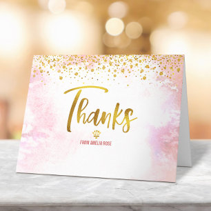 Quinceañera Blush Pink Watercolor Gold Glitter Thank You Card