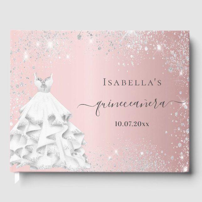 Quinceanera blush pink white dress glitter guest book (Front)