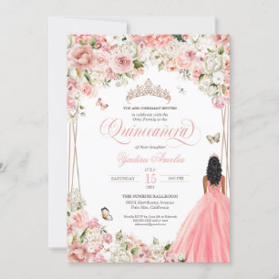 Quinceanera Blush Pink White Floral & Butterfly In Invitation