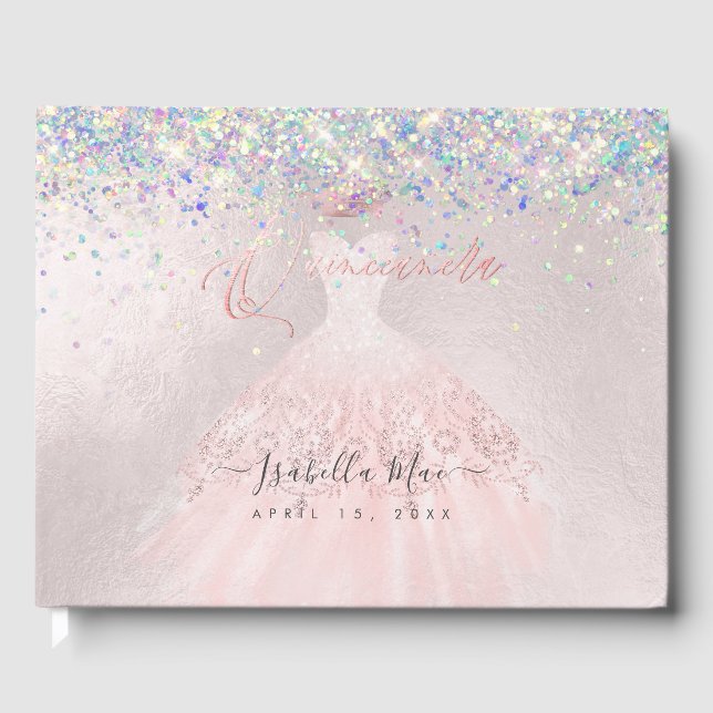 Quinceanera Blush Princess Glitter Gown Confetti Guest Book (Front)