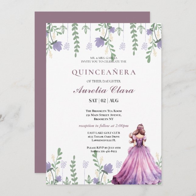 Quinceañera Blush  purple Floral Butterfly  Invitation (Front/Back)
