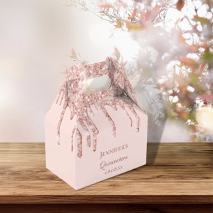 Quinceanera blush rose gold glitter drips name favour box
