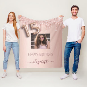 Quinceanera blush rose gold glitter drips photo fleece blanket