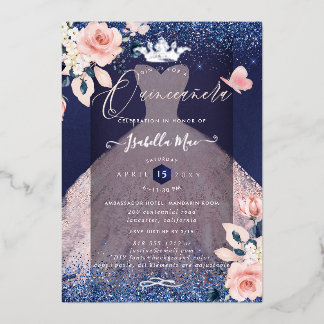 Quinceanera Blush Roses Silver Foil Crown Navy